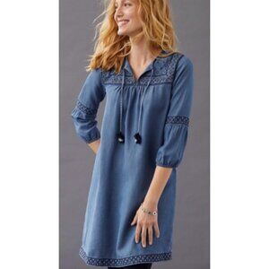 J. JILL Denim Chambray 3/4 Sleeve Embroidered Flowy Shift Dress Women's Size XS